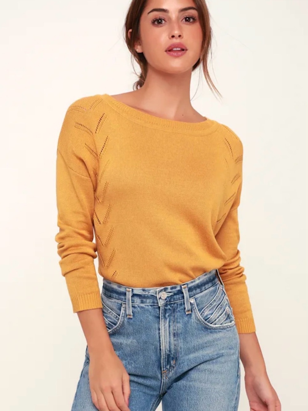 Lulus Pointelle Me More Mustard Yellow Knit Sweater